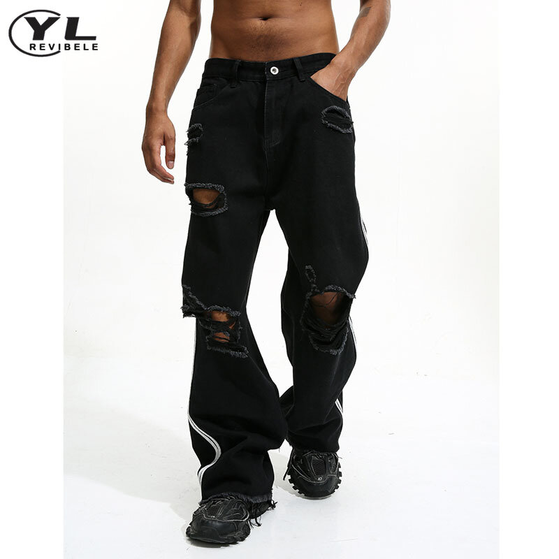 Hole Washed Wide Leg Jeans Street Man Woman Casual Vertical Grain Industry Denim Pants Unisex Hip Hop Gothic Straight Trousers