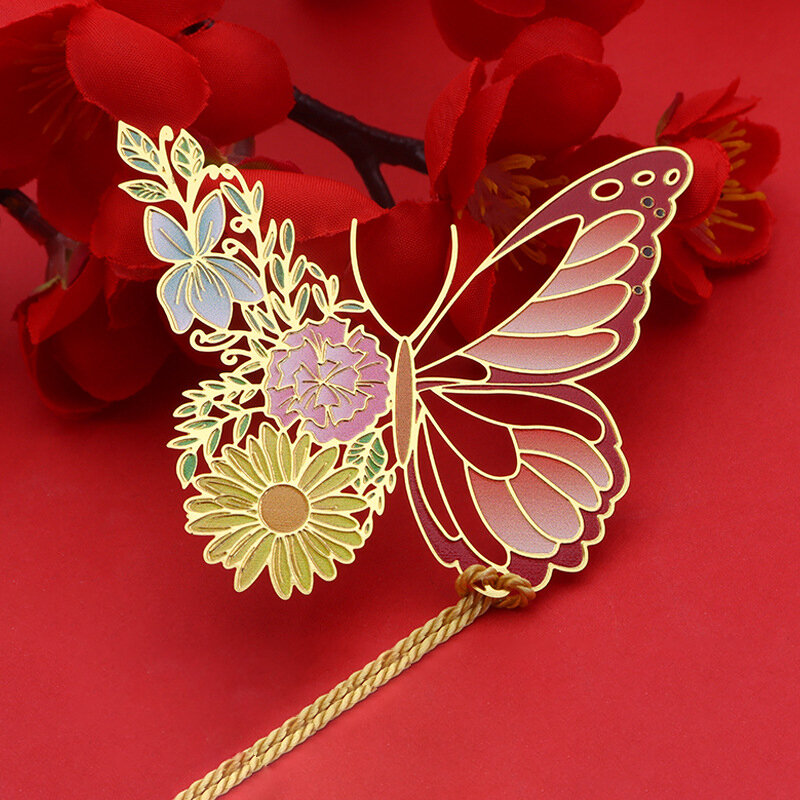 Pembatas buku bunga kupu-kupu logam gaya Tiongkok liontin rumbai berongga sangat cantik klip buku alat baca siswa perlengkapan sekolah