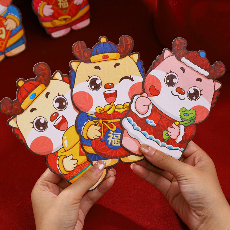 Ano novo chinês Envelopes vermelhos, desenho animado dragão, festival da primavera, bolsos de dinheiro, crianças, 6pcs