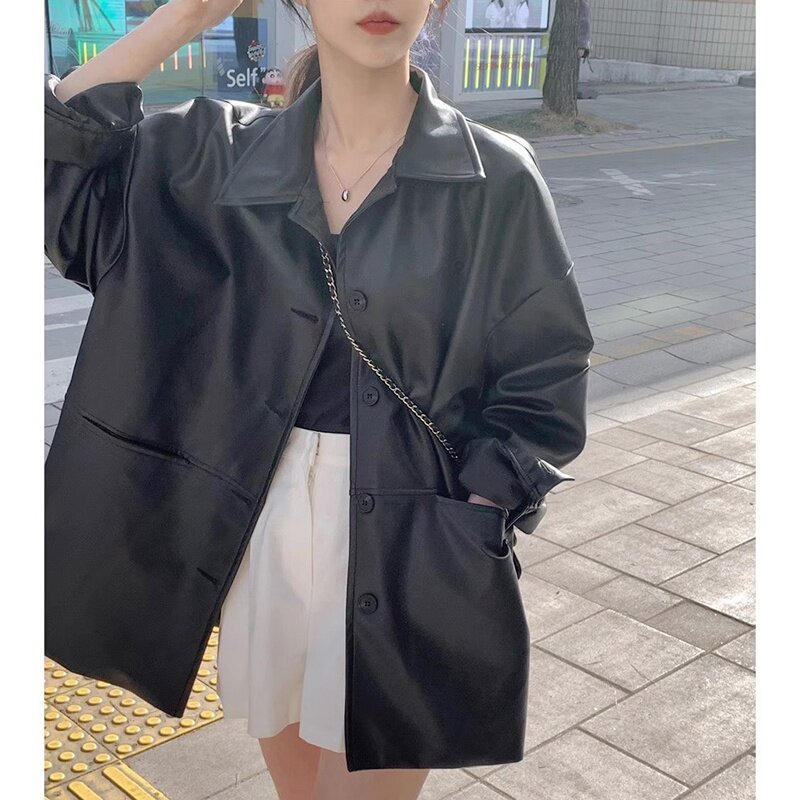 SUSOLA South Korea Chic Leather Coat, New Classic Retro Polo Collar, Single-Breasted Loose Outerwear, Black Long Sleeve