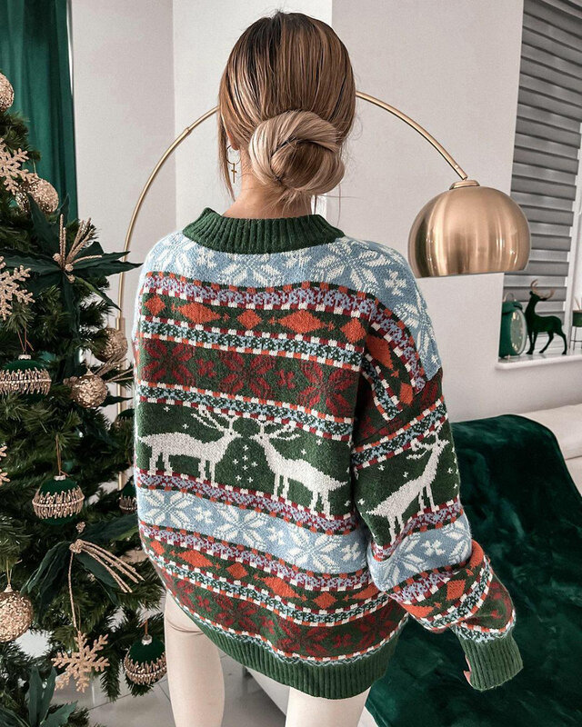 女性のクリスマスelkニットプルオーバー、女性のエスニック暖かいセーター、女性のファッション、秋、冬