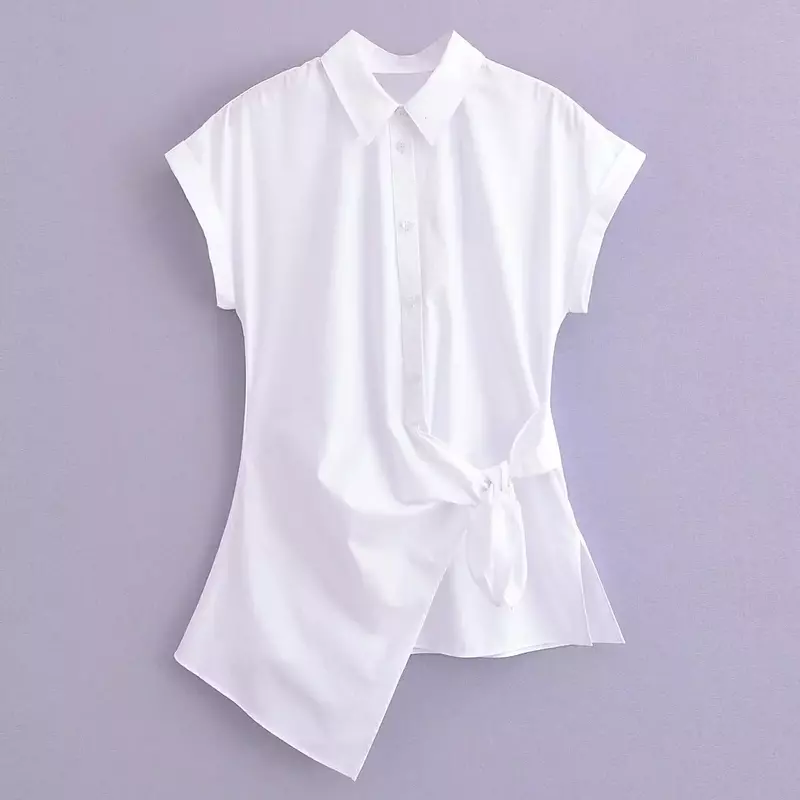 Блузка Женская Асимметричная из поплина, Модный облегающий топ на завязках, с коротким рукавом, на пуговицах, в винтажном стиле