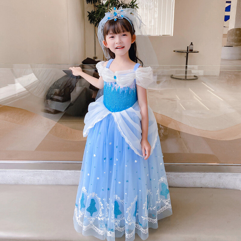 Cinderella Cosplay Dress Up for Girl Short Sleeve Fancy Princess Party Costume Kids Carnival Outfit Clothes Girl Elegant Frock