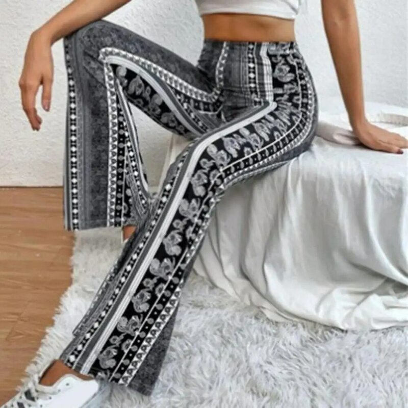 Women Pants Bohemia Style Printing Flared Pants Trousers for Women Elastic Waist Skinny Long Trousers for Spring Summer