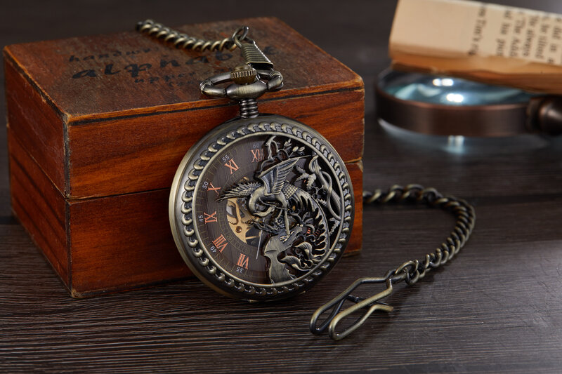 Luxury Gold Phoenix Manual Mechanical Pocket Watch Antique Double Open Face Roman Numerals Display Retro Hand-wind Pocket Watch