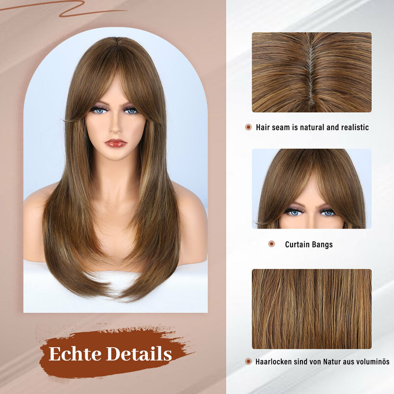 Długie faliste peruka miodowo-brązowa peruka z grzywką syntetyczna żaroodporna bezklejowa peruka z prostymi włosami Cosplay 24 Cal włosy peruka damska