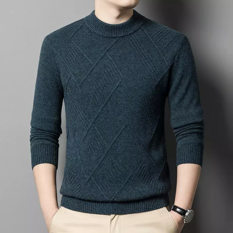 Suéter de lana cálido para hombre, suéter corto ajustado con cuello redondo, parte inferior gruesa, moda informal, Otoño e Invierno