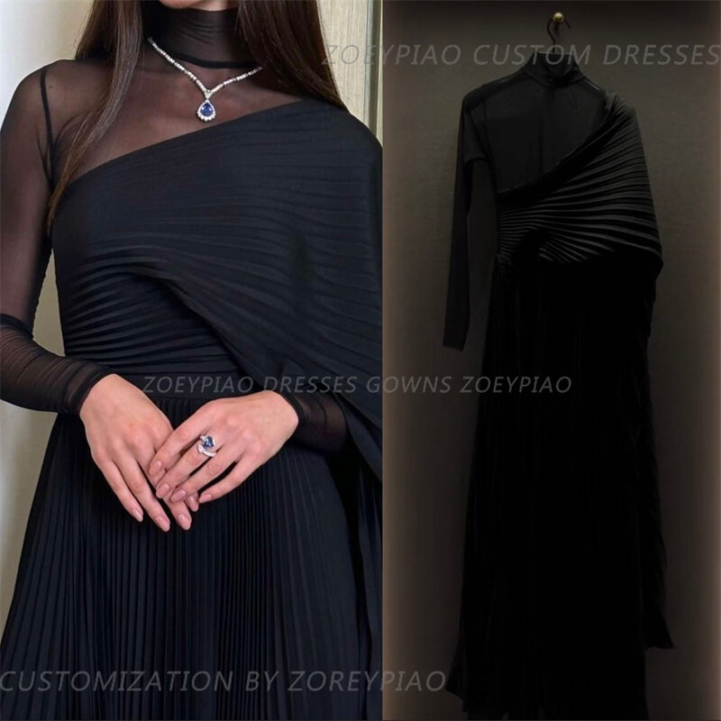 Черное шифоновое платье с рукавом-шалью, платье для выпускного вечера, бальное платье с высоким воротником, ТРАПЕЦИЕВИДНОЕ вечернее платье для официального мероприятия, вечеринки