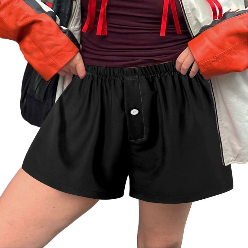 กางเกงลำลองขาสั้นวินเทจสีทึบมีกระดุมใหม่สำหรับผู้หญิงชุดนอนกางเกงขาสั้น cewek seksi ขากว้างฤดูร้อน