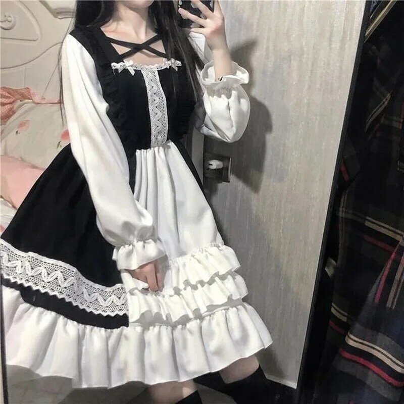 Vestido Japonês Doce Lolita Princesa, Vintage Gothic Lace Ruffles, Vestidos de Festa Y2K, Moda Harajuku, Trajes Cosplay, Menina Bonita