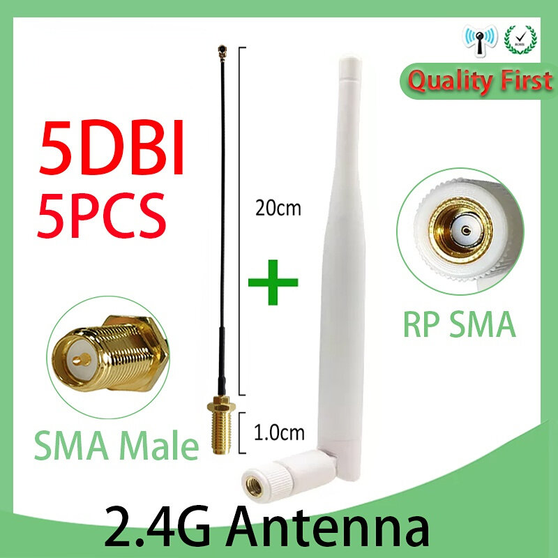 5 pces 2.4ghz 5dbi wifi antena wifi RP-SMA conector 2.4g branco antena roteador + 21cm pci u. fl ipx para sma macho trança cabo