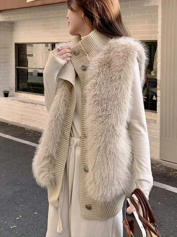 Casaco de colete de pele sintética feminino, sem mangas, suéter de malha, elegante, grosso, quente, elegante, inverno, novo, 2023