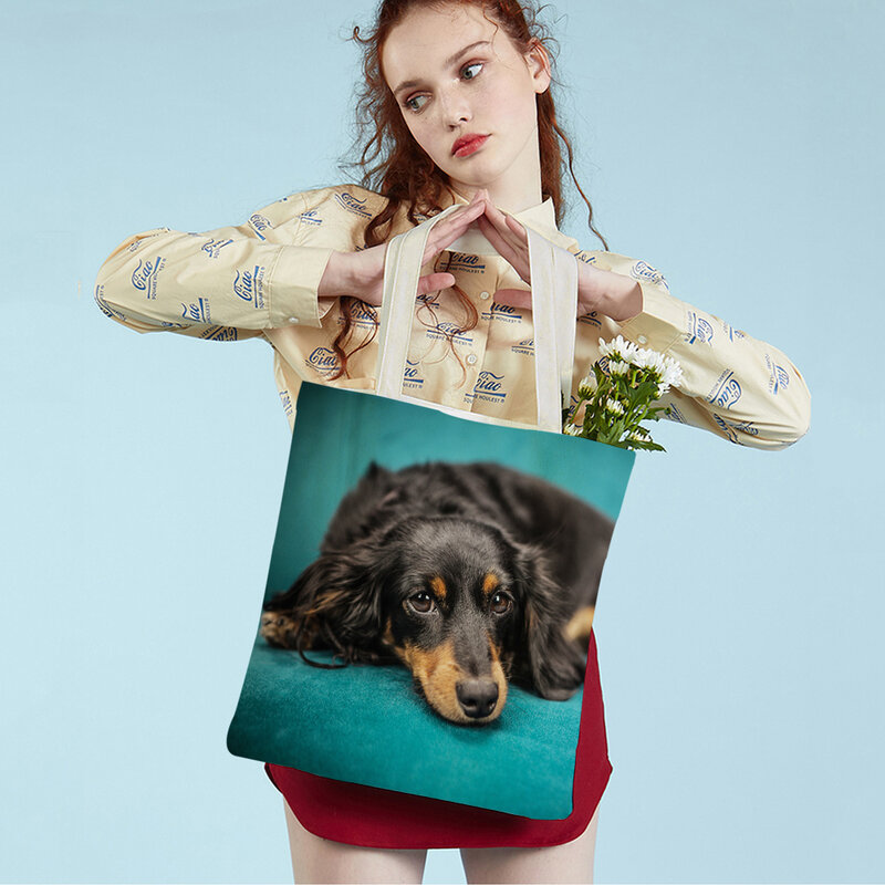 ダックスフント犬の女性用キャンバスハンドバッグ,ミニ,再利用可能,ダブルサイド,かわいい動物柄,カジュアル,ショッピングバッグ