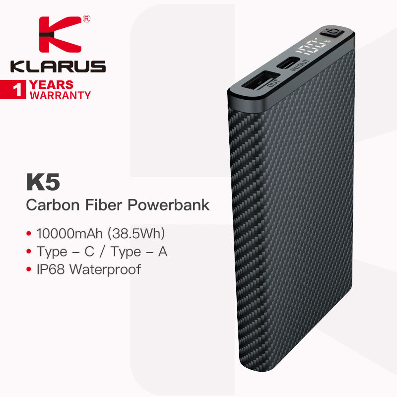 KLARUS K5 Carbon Fiber Lightweight Waterproof Powerbank, 10000mAh Capacity, IP68 Waterproof, 22.5W Fast Charging, Type-C/Type-A