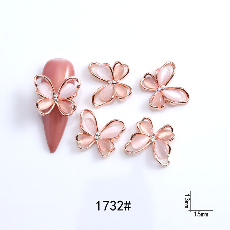 10 pçs 3d borboleta unha arte jóias encantos rosa ouro/prata/cinza cristal strass 13*15mm liga opala unhas peças acessórios
