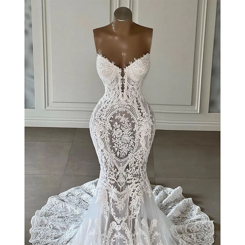 Elegante Meerjungfrau Ballkleider ärmellose Applikationen boden lange 3d Spitze hohle Abendkleid Kleider Brautkleider nach Maß