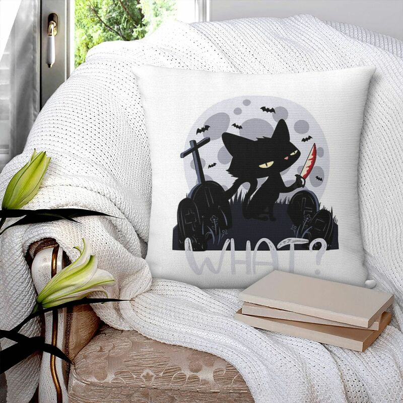 Funda de almohada cuadrada con diseño de gato asesino, cubierta de cojín de color negro con cuchillo, decoración cómoda para sofá y hogar