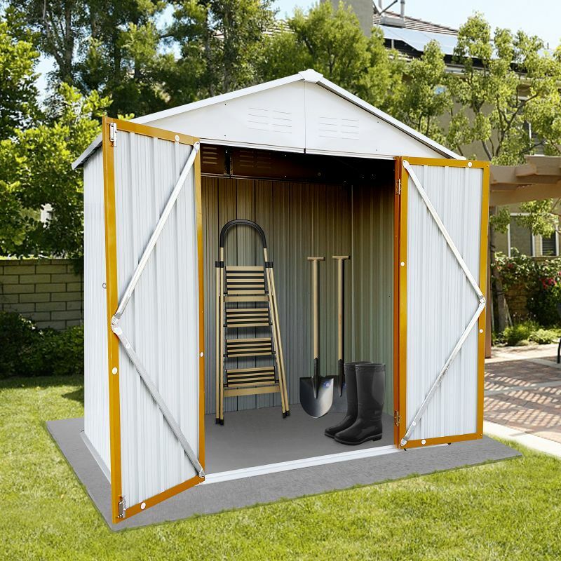 Cobertizos de metal para almacenamiento de jardín al aire libre, 4 pies x 6 pies, resistencia al fuego, equipo deportivo, acampada, techo de ápice, BLANCO + amarillo