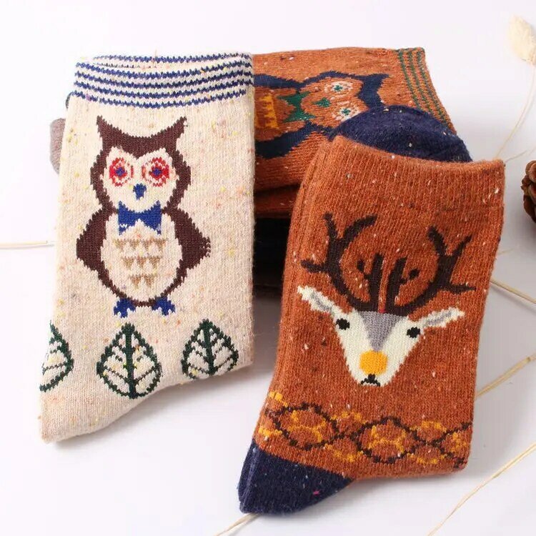 Winter Socks, Cat and Fox Cartoon Animal Color Dots, Medium Tube Women's Looped Warm Socks, Yarn Rabbit Wool Women's Socks