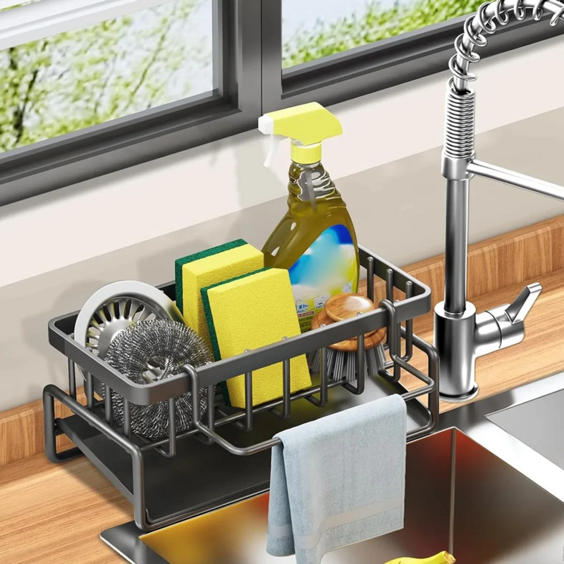 Évier de cuisine avec égouttoir T1, porte-éponge, chiffon à vaisselle et serviette, ouverture de proximité