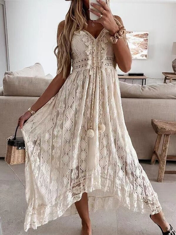 Lato Boho koronkowa sukienka Maxi dla kobiet wakacje elegancka pani V Neck Spaghetti pasek Sundress biała sukienka Vestidos De Mujer 22194