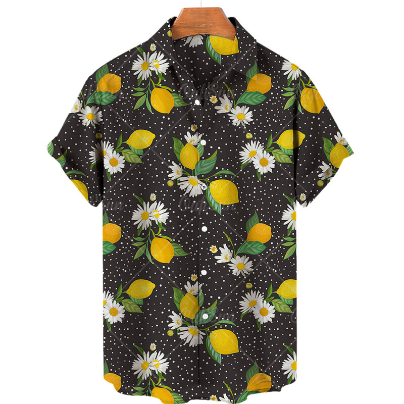 Chemises hawaïennes à imprimé 3D pour hommes, ananas, fruits, citron, chemisiers de plage décontractés, chemise à revers, mode estivale