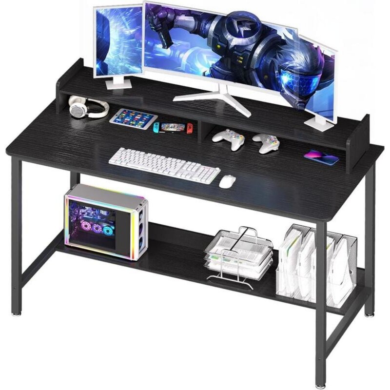 Computer tisch mit Regalen, 32-Zoll-Gaming-Schreibtisch, Arbeitsplatz mit Stauraum für Home Office, Wohnzimmer, Metallrahmen, schwarz