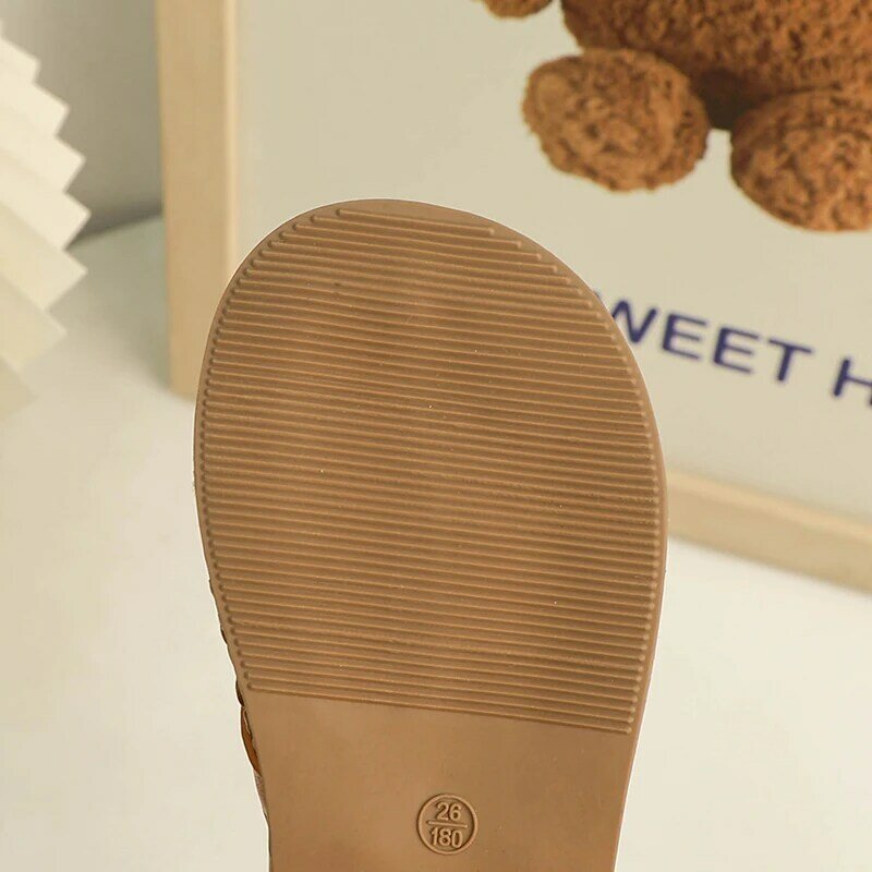 Unishuni รองเท้าแตะ2-8Y เด็กผู้หญิง, รองเท้าแตะแบบเปิดส้นรองเท้าฤดูร้อนแบบถักเปียสำหรับเด็กรองเท้าชายหาดสไตล์โบฮีเมียน