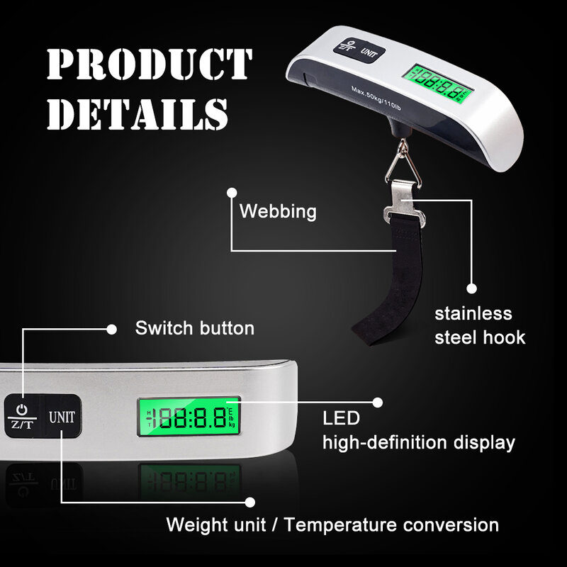 50kg/110lb Portable Digital Luggage Weight Scale LCD Display Pocket Electronic Suitcase Travel Scale Balance Baggage Weight Tool