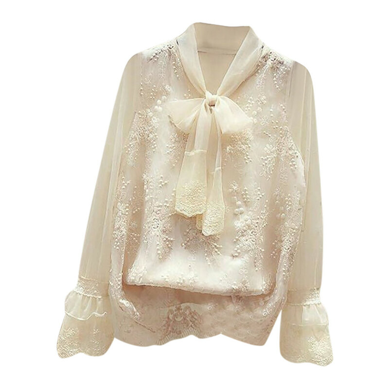 Women Fashion Casual Solid Color Lace V-Neck Bow Tie Collar Hook Flower Shirts Long Sleeve Elegant Temperament Sweet Loose Tops