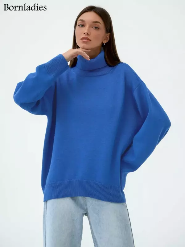 Elegante-suéter de malha de gola alta feminino, pulôver extragrande, jumper solto, grosso, quente, casual, feminina, outono, inverno, top