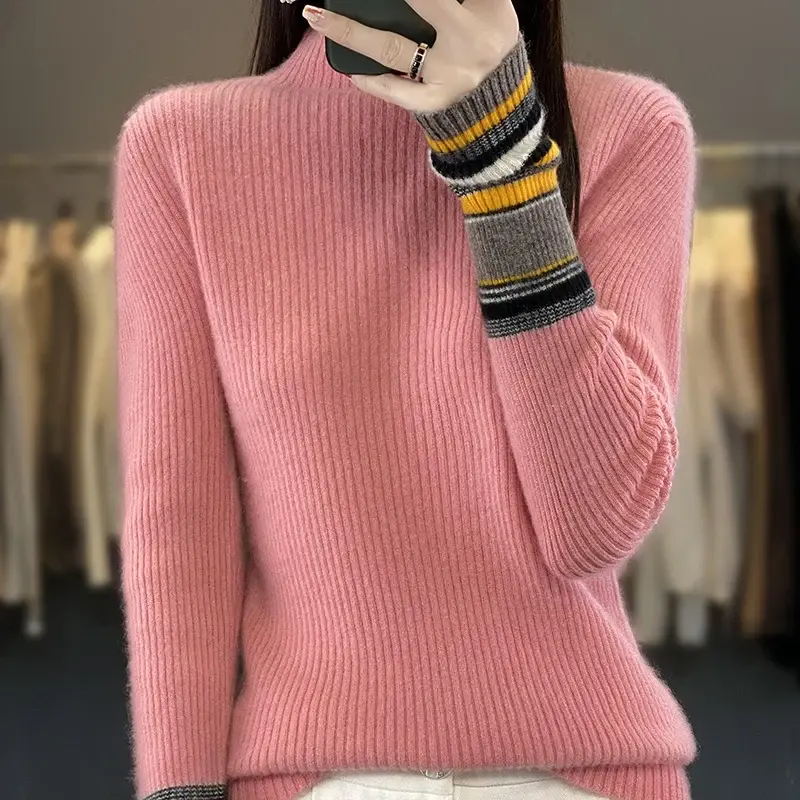 Suéter de punto de lana merina 100% para mujer, jersey básico de cuello alto, Top de moda coreana, otoño e invierno, alta calidad