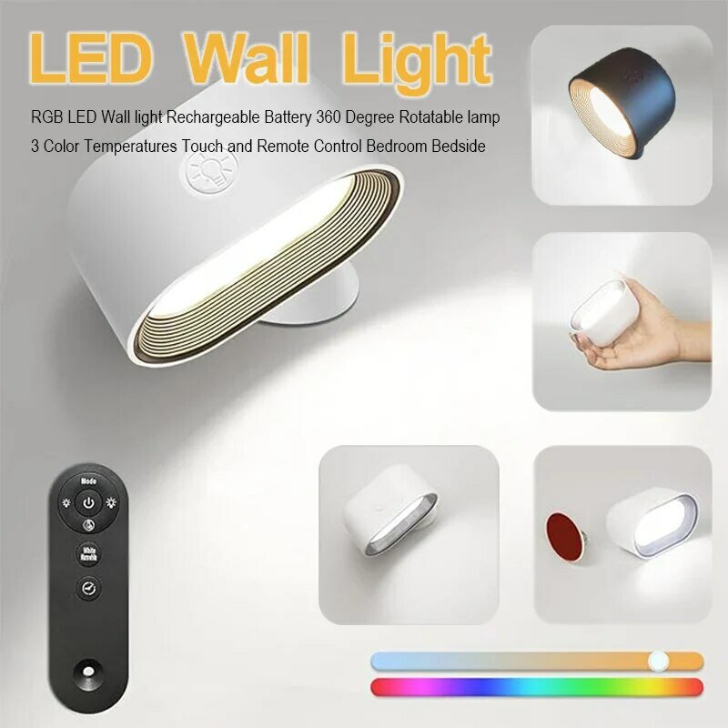 Lampa ścienna LED z akumulatorem 360 ° obrotowa lampa 5 poziomów jasności nocna lampka RGB dotykowa i zdalna do lampy domowej