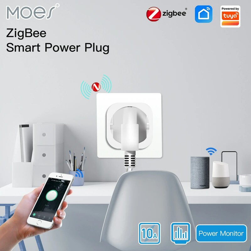 Moes ZigBee – prise de courant 16a pour Tuya, application intelligente, sans fil, moniteur d'énergie fonctionnel, minuterie, Alexa, Google, UK, EU, US