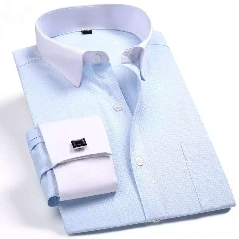 Camisa masculina clássica de vestido de negócios, manga comprida, francesa, regular, lapela de abotoaduras, camisas brancas, 2024