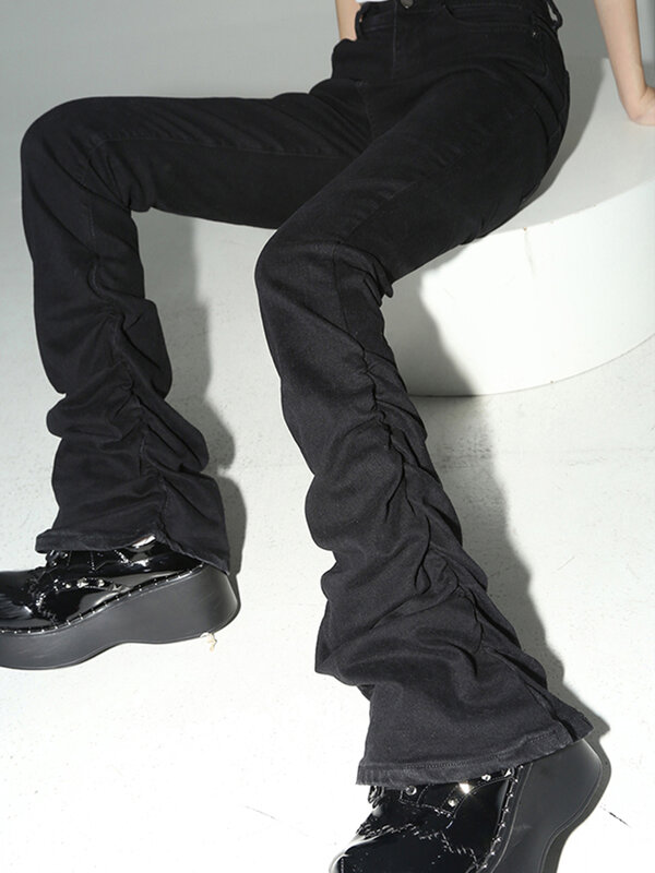 REDDACHiC-Black Ruched Flare Jeans para Mulheres, Stretch Sólido, Calças Empilhadas Bootcut, Calças Cintura Alta, Harajuku Goth Grunge Y2k Roupas
