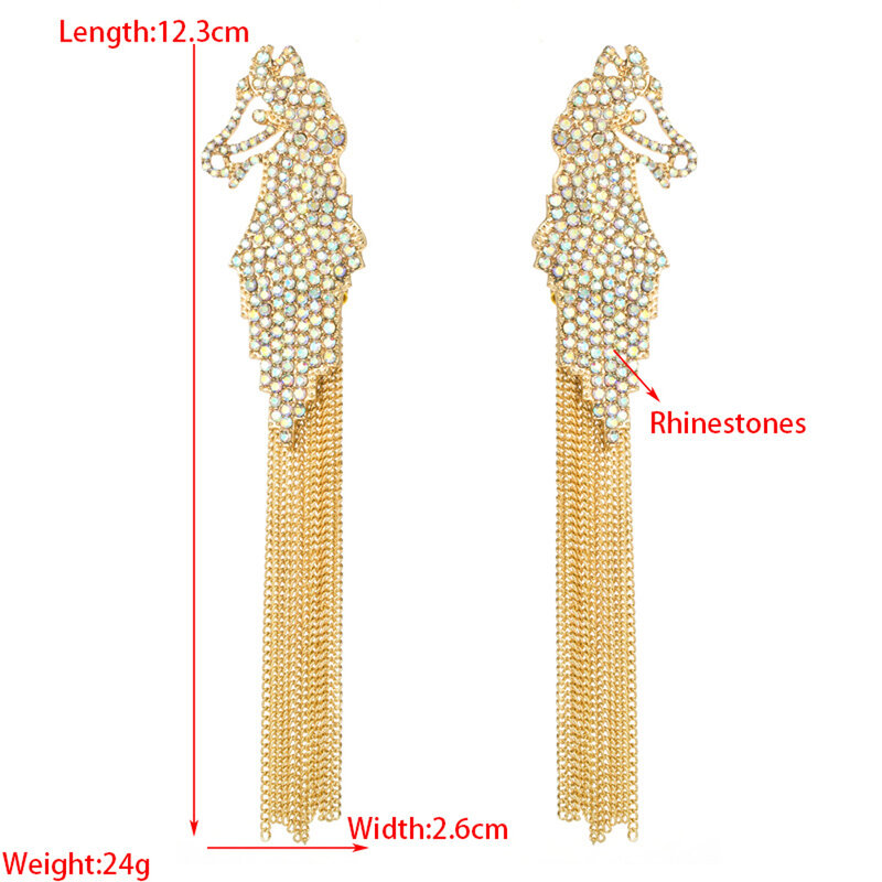 Gold Metal Chains Tassel Full Rhinestone Hippocampus Long Stud Earrings for Women New Fashion Exaggerated Street Popular Jewelry