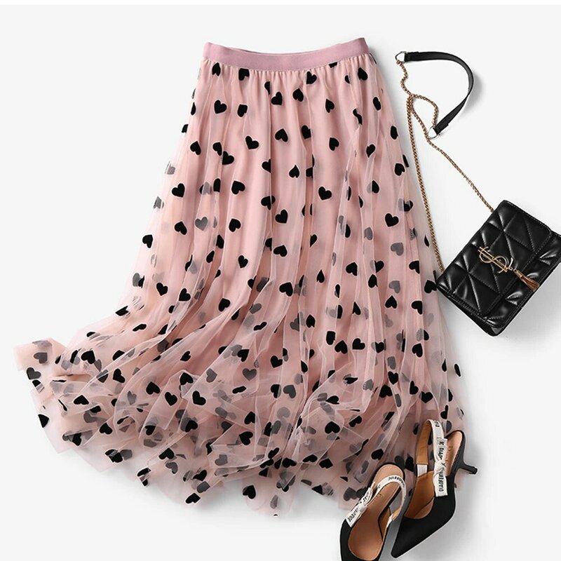 Spódnica w stylu Vintage kobiety miłość nadruk w kształcie serca spódnica spódnica z siatki spódnica z tiulu linia wysokiej talii spódnica długa bajkowa spódniczka spódnice Tutu