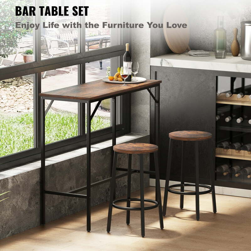 39" Bar Table and Chairs Set, Pub Table Set w/ 2 Stools, 3 Piece Iron Frame Counter Height Dining Sets, Rustic Brown