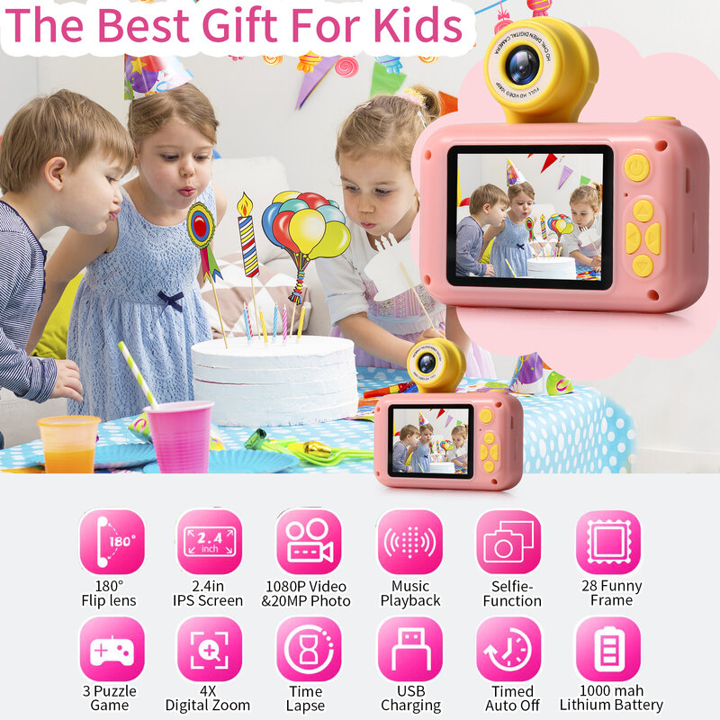 Cámara de juguete para niños, pantalla IPS de 2,4 pulgadas, Mini cámara de Selfie abatible, juguetes educativos para niñas y niños, regalos de cumpleaños