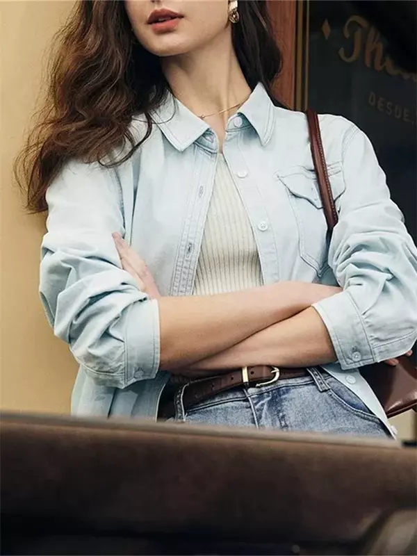 Женская Джинсовая блузка с отложным воротником, однобортная винтажная Простая рубашка с длинным рукавом, новинка весны 2024