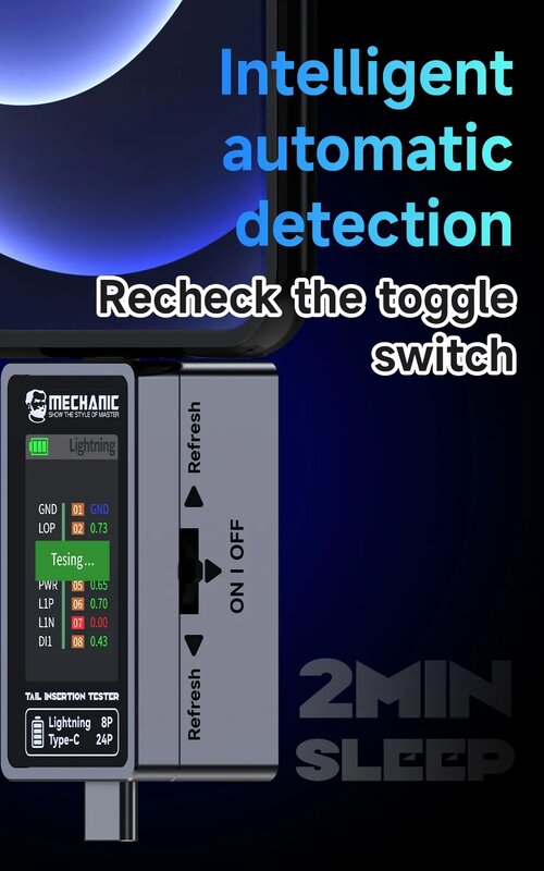 Mechanic T-824 Phone Tail Insertion Tester tampilan Digital arus daya Pemeriksaan independen Pin tipe-c Lightning tidak ada pembongkaran