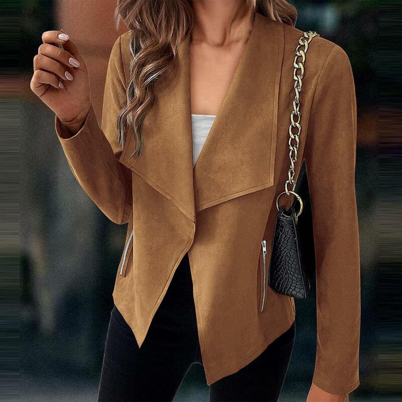 Casaco feminino de camurça falsa manga comprida com bolsos com zíper, casaco vintage, lapela lisa, à prova de vento senhora, outono, inverno