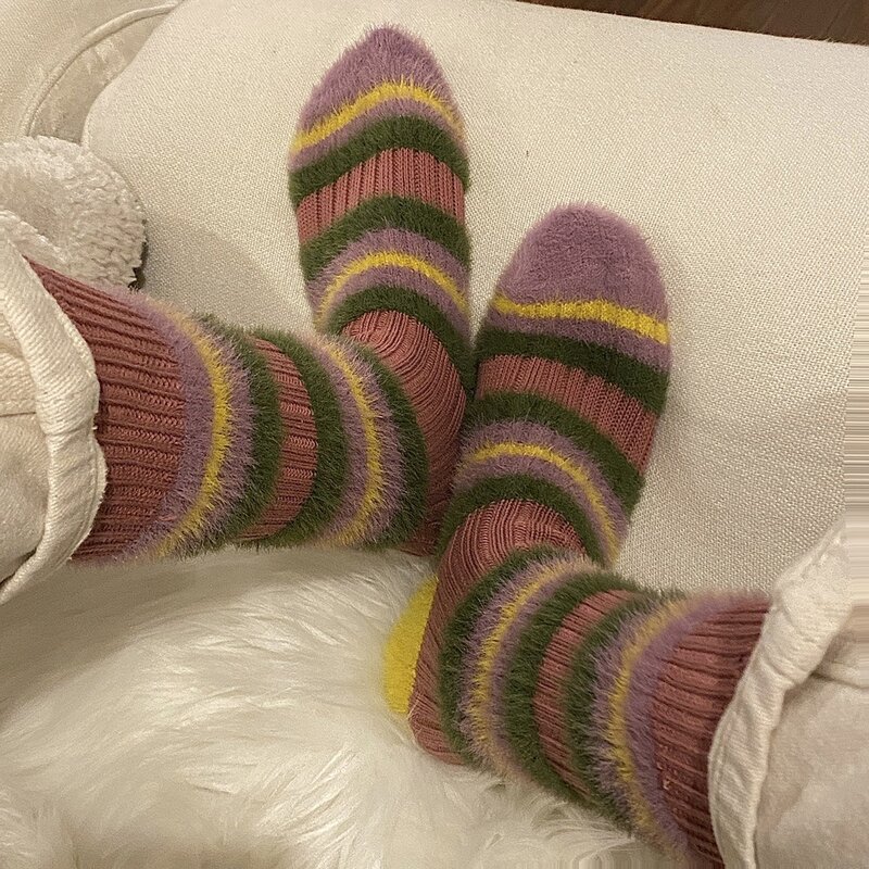 Soft Long Colorful Striped Socks Warm Sweat-absorbing and Breathable Mink Knitted Socks Imitation Mink Hair Thickened Socks