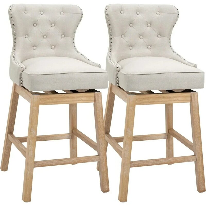 Bar Stools Set of 2, Upholstered Fabric Bars Height Barstools, 180° Swivel Nailhead-Trim Chairs, Rubber Wood Legs, Bar Chair