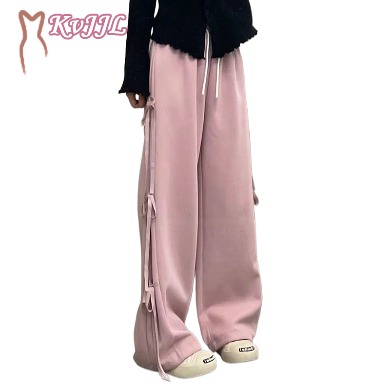 Retro Wide Leg Pants Woman Casual Lace Up Bow High Waist Loose Lounge Elastic Waist Y2k Outfits Pants