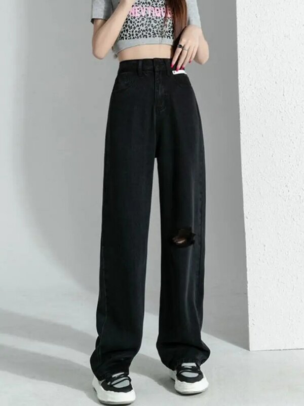 Черные перфорированные джинсы CICISHOP из тенсела, женские летние тонкие большие длинные брюки из вискозы с широкими штанинами