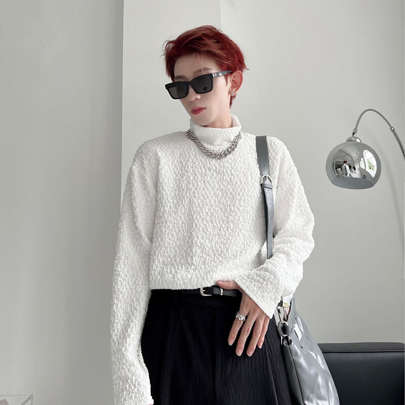 Pleated Long Sleeve Men Turtleneck T Shirts Spring Fashion All-match Solid Inside Tops Simple Personality 2xl Oversized Clothing