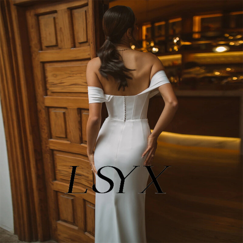 LSYX-V-Neck Off-Ombro Pregas Vestido De Noiva, Vestido De Sereia Simples, Botão De Volta, Fenda Lateral Alta, Até O Chão, Vestido De Noiva, Feito Sob Medida
