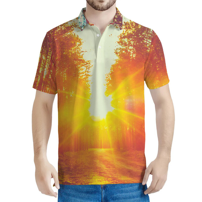 メンズサンライズスキーグラフィックポロシャツ、3Dプリント、半袖、カジュアルストリートボタン、特大ラペルTシャツ、夏